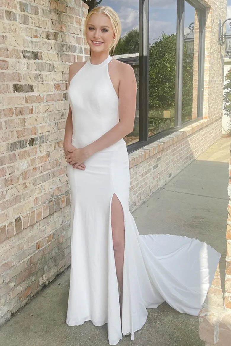 Robe de mariée longue fendue style sirène avec dos nu et sans voile